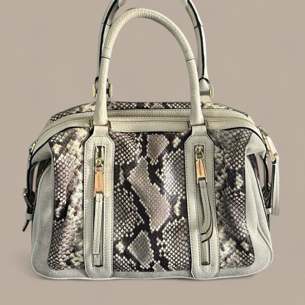 Cream ivory snakeskin style mk Michael Kors tote gold trim purse women bag MK